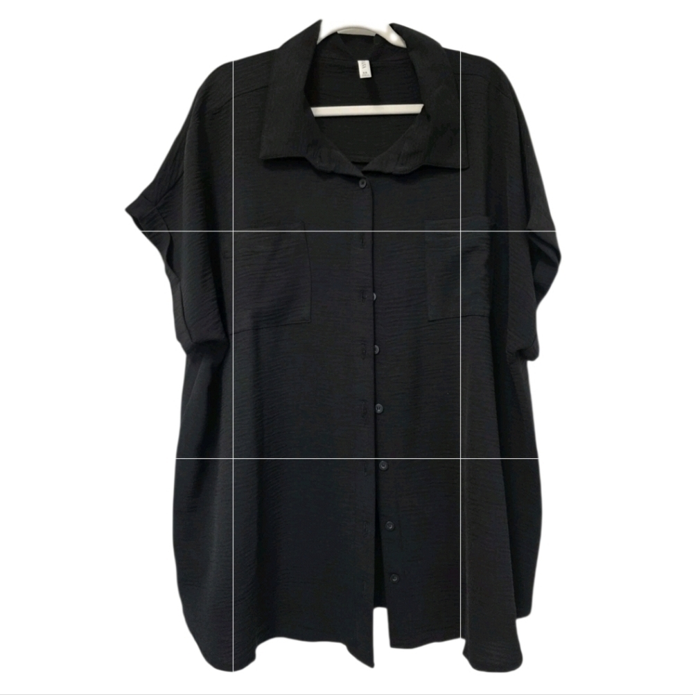 Womens Plus Black Button  Blouse Size 3X Short Sleeve Button Crinkle Preppy Work